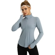 Hanerdun Womens Long Sleeve Workout Athletic Jacekts Quick Dry Yoga Coat Solid Zip Activewear Blue S